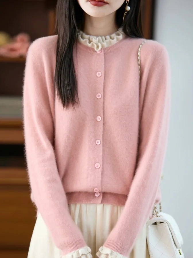 

Soft Woolen Long Sve Knitted Cardigan round Ne Wooden Bordered Casual Sle High End European Faion Women's Top