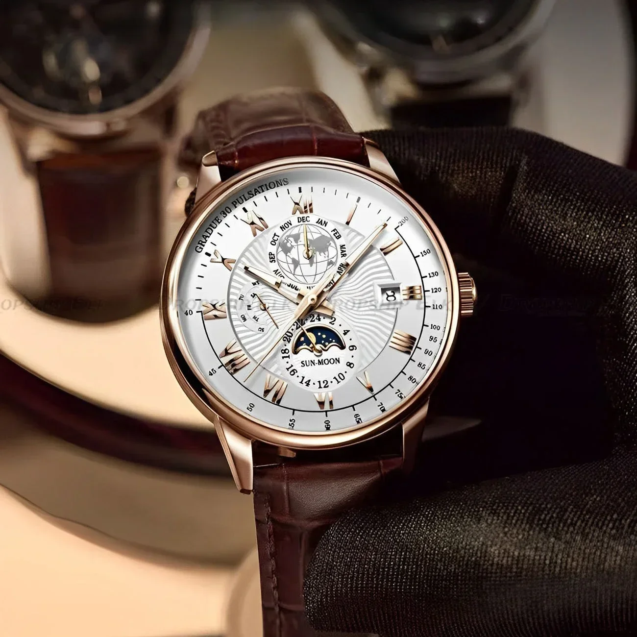 남성용 럭셔리 시계, 가죽 크로노그래프 날짜, 문 타이밍, 비즈니스 야광 쿼츠 시계