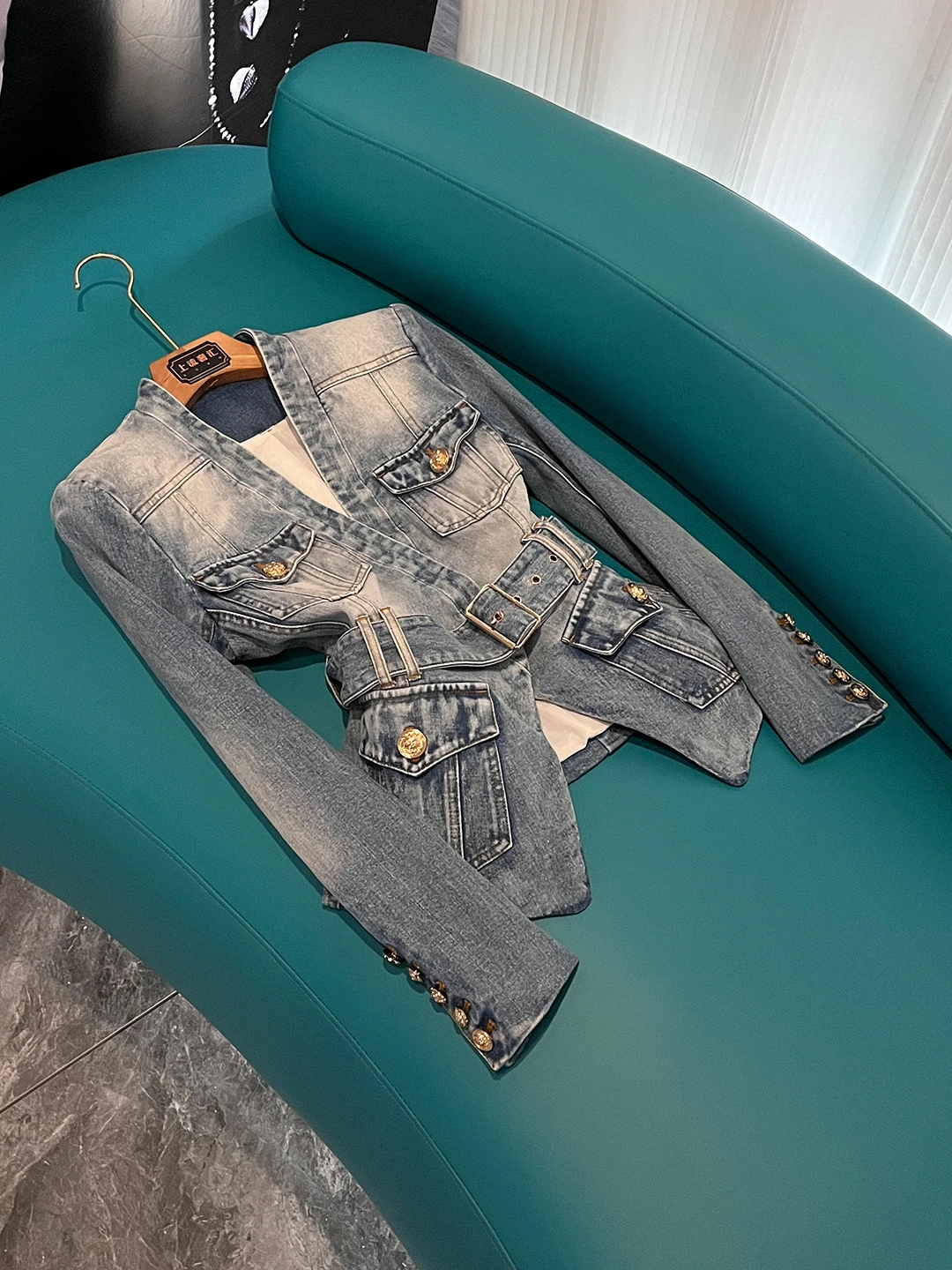 

Faionable Slim Fit Waed Denim Suit Jaet with Belt 2025 Early Winter New Arrival Women's Busin Wear Long Sve