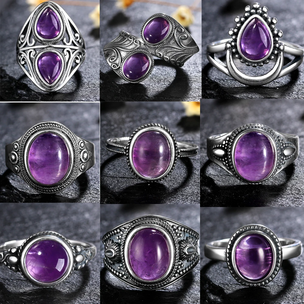 925 Silver Rings Natural Amethyst Gemstone Rings for Women Wedding Bands Anniversary Gift Fine Jewelry