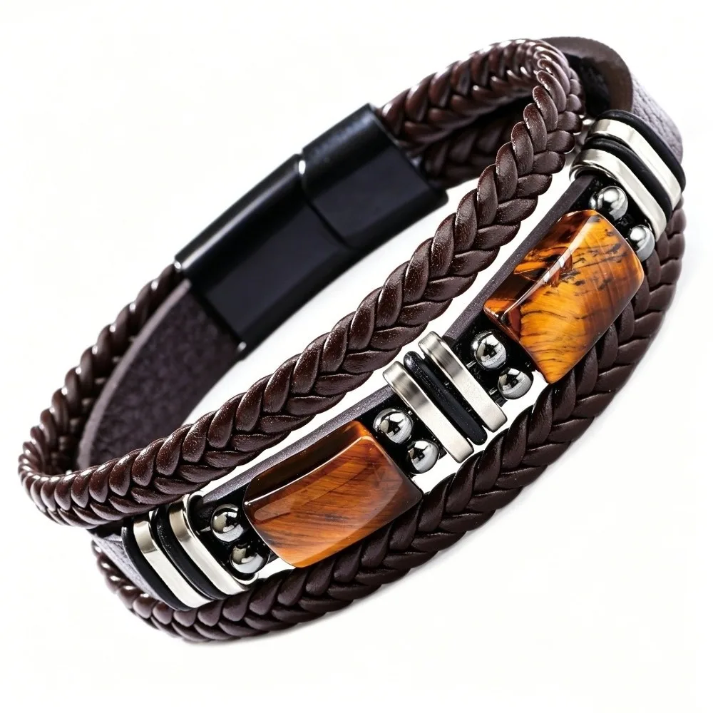 Men's Bracelet Multi-Layer Tiger Eye Stone Bracelet Adjustabl Braided Leather Bracelet Retro Handmade Beaded Bracelet Women