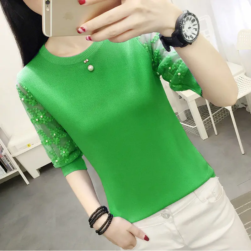 Elegant Solid Color Spliced Gauze Lace Beading Blouse Women's Clothing 2023 Spring New Oversized Korean Pullovers Commute Shirt