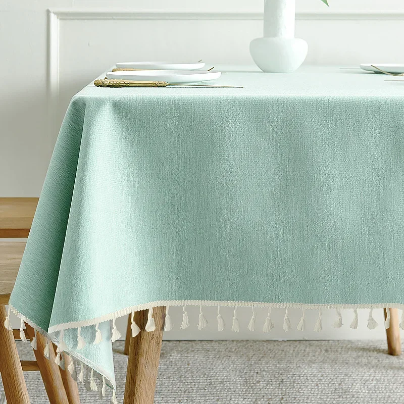 Solid Color Cotton Linen Tablecloth Lace Hanging Tassel Edge Breathable Wear-resistant Versatile Cover Dining Table Coffee Table
