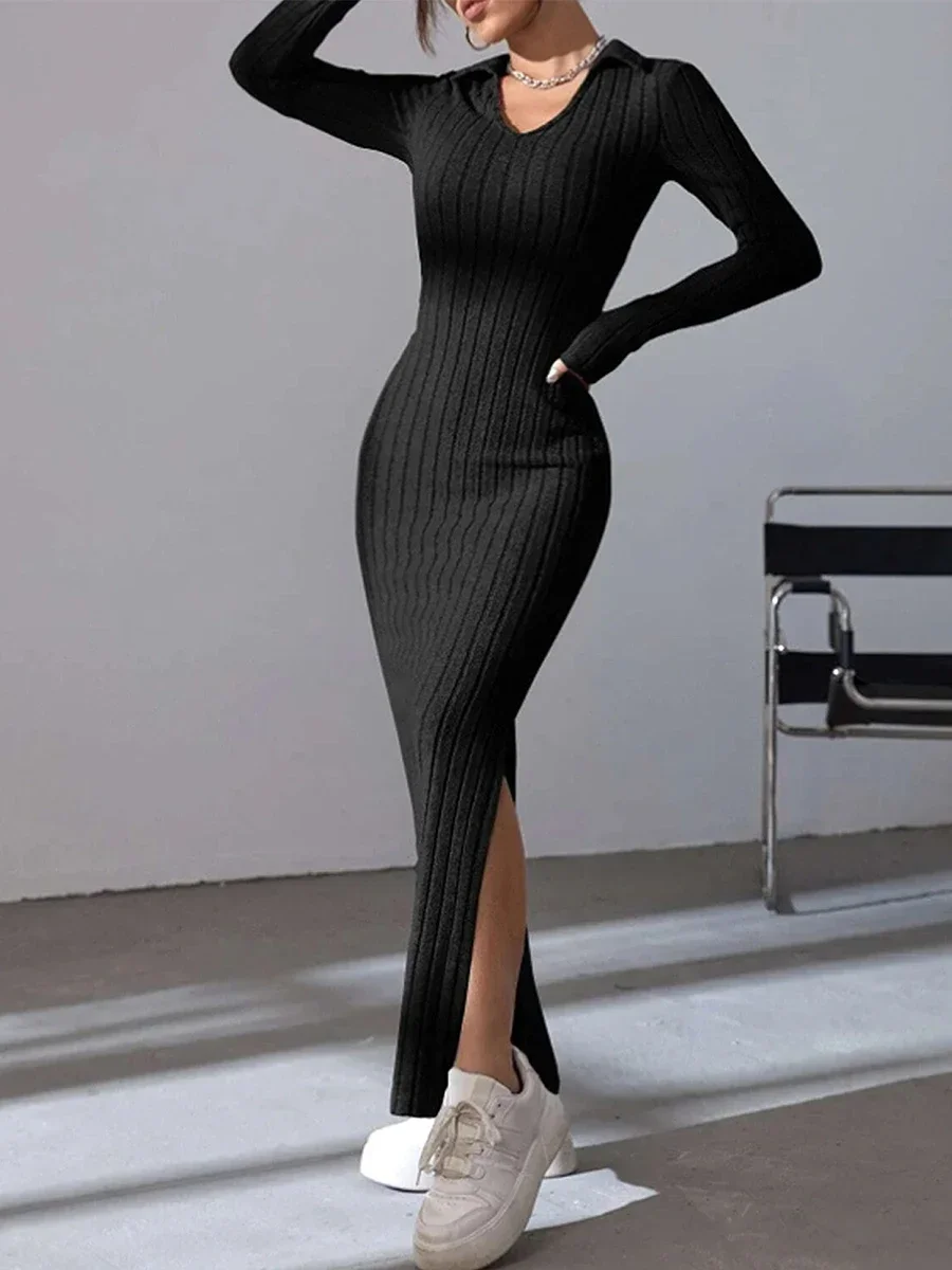 New Fashion Womens Knit Midi Dress Long Sleeve Lapel Collar Solid Color Bodycon Long Dress Going Out Dress Hot Sale S-XL