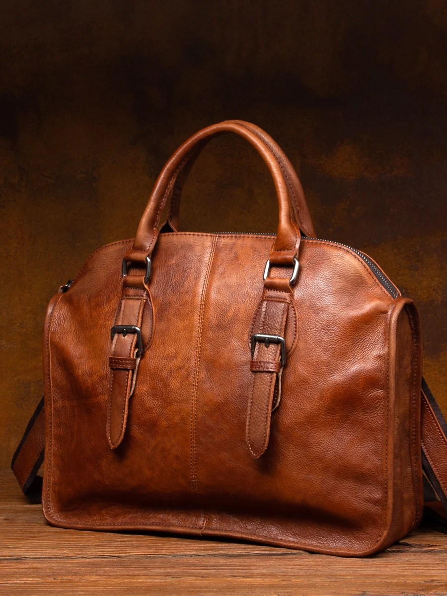 High Quality Vintage Hand-Brushed Vegetable Tanned Cowhide Fashion Briefcase Leather Crossbody Top Layer Portable Men's Bag