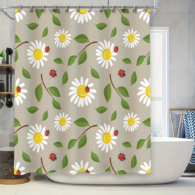 Whimsical Daisy Ladybug Shower Curtain for Bathroom Decor Printed Polyester Fabric with Rod Pocket Customizable Sizes Available