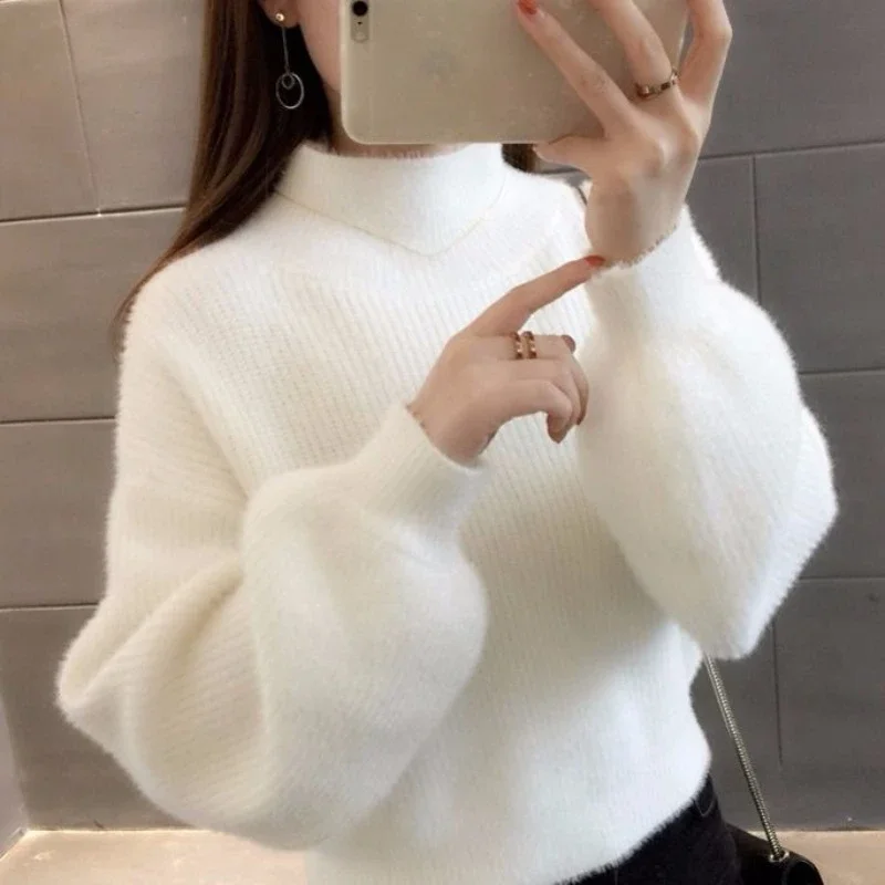 Sweater Female Imitation Mink Hair Autumn and Winter Pullover Lazy Wind Short Style Puff Sleeve Bottom Knit Thickening Type