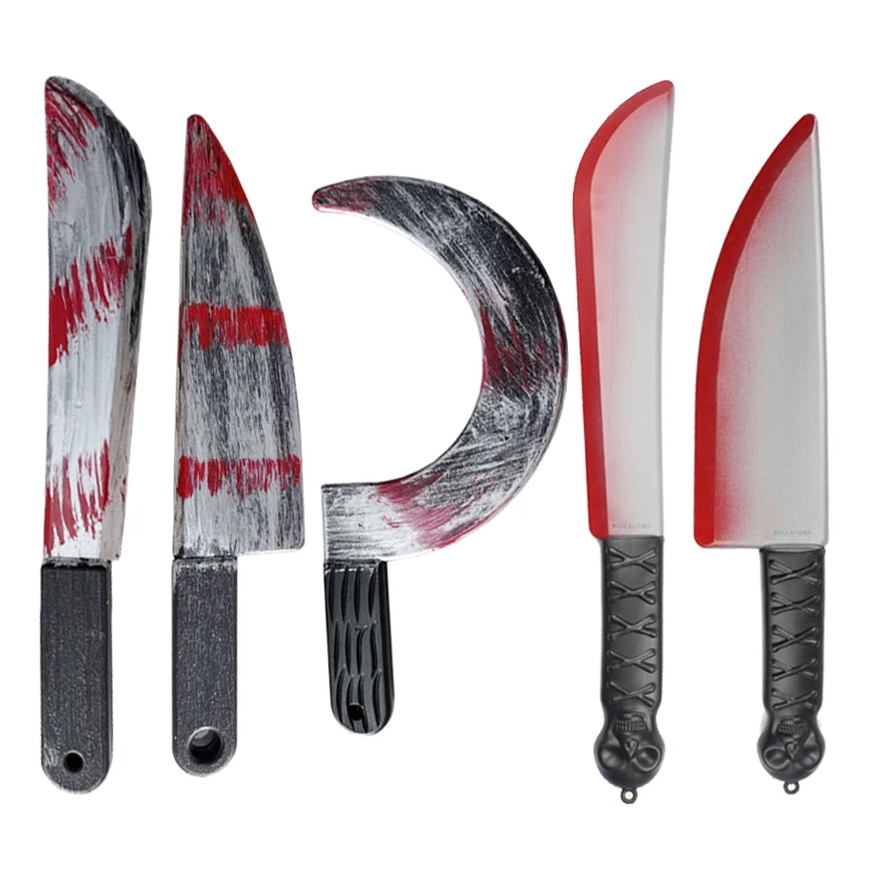 【セール中】面白いハロウィーンのプラスチック武器、偽の血まみれのナイフ鎌、ホラー手持ちの武器、コスプレパーティーの小道具、ハロウィーンの装飾の好意