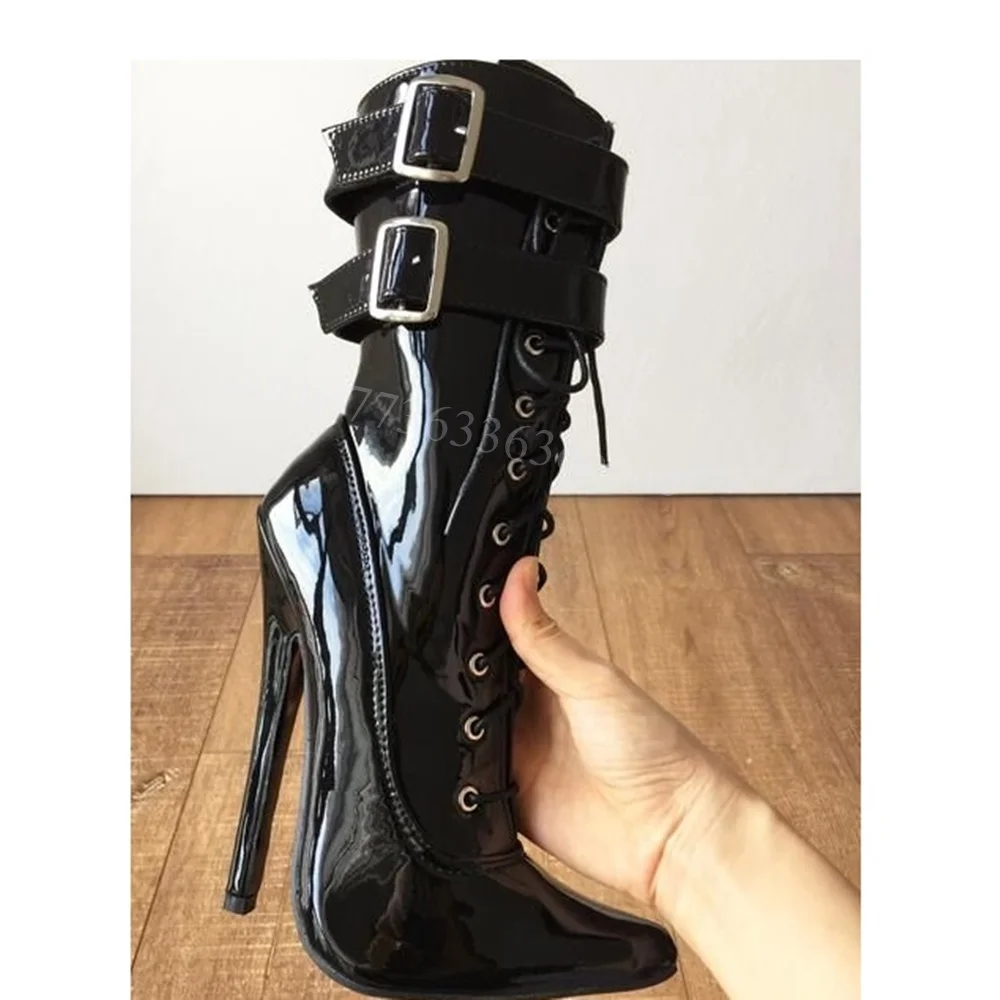 Buckle Decor Patent Leather Mid Calf Boots Pointed Toe Lace up Shoe for Women Thin High Heels Sexy Shoe 2024 Zapatos Para Mujere