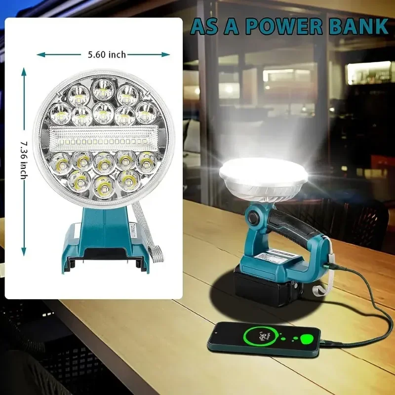 LED Work Light Outdoor Lighting For Makita/Milwaukee/Dewalt/Bosch/Black&Decker/Craftsman/Ryobi 14.4V-20V Battery USB Flashlight