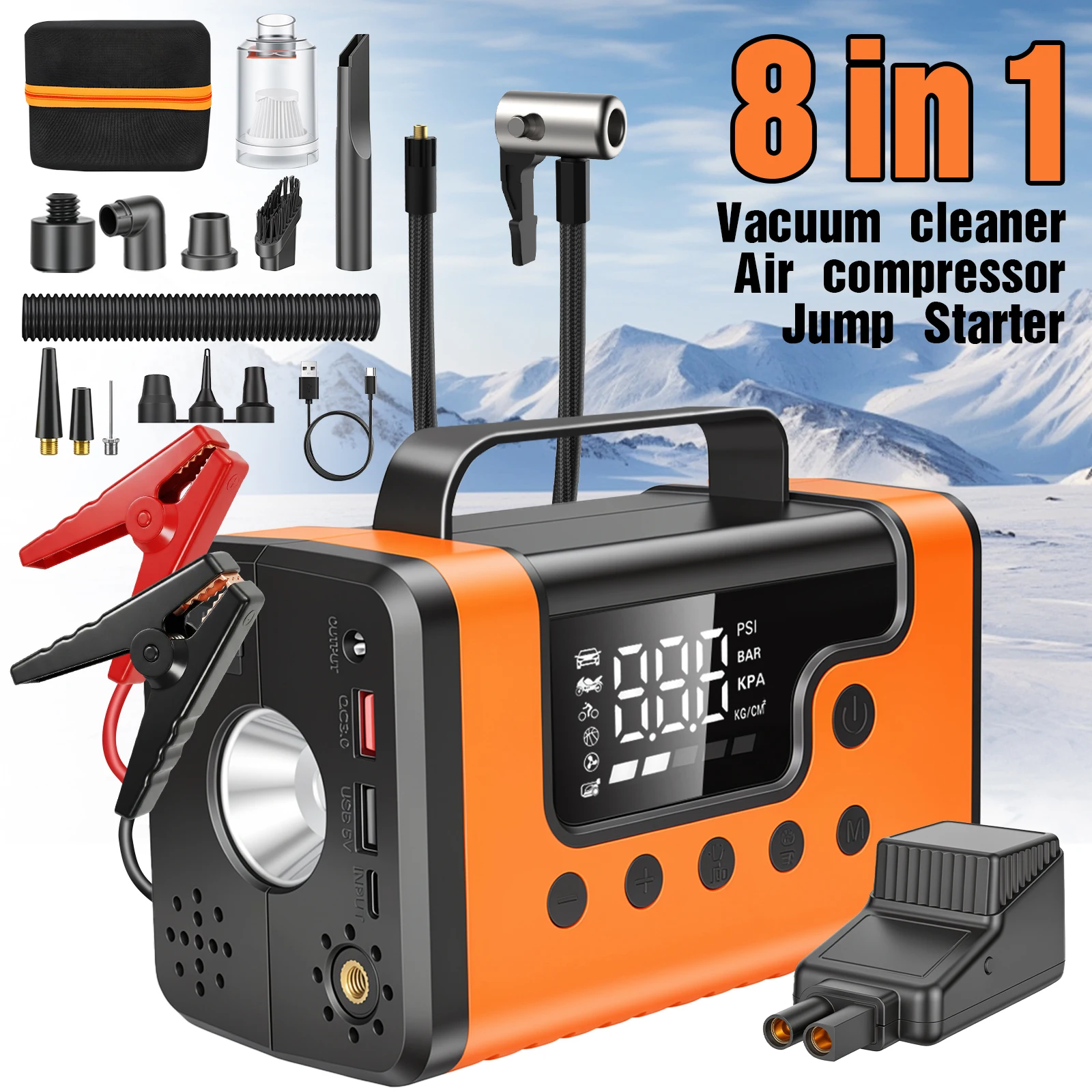 8-in-1 Emergency Jump Starter 150PSI 600A (1200A Peak) 10000mAh with Air Pump Vacuum & Inflator 5000Pa Suction Compressor LED Lighting Red/White Emergency Flashlight 12V for Gas & Diesel Vehicles