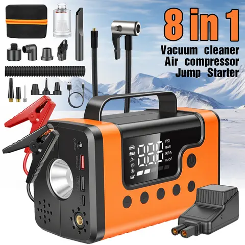 8-in-1 Emergency Jump Starter 150PSI 600A (1200A Peak) 10000mAh with Air Pump Vacuum & Inflator 5000Pa Suction Compressor LED Lighting Red/White Emergency Flashlight 12V for Gas & Diesel Vehicles