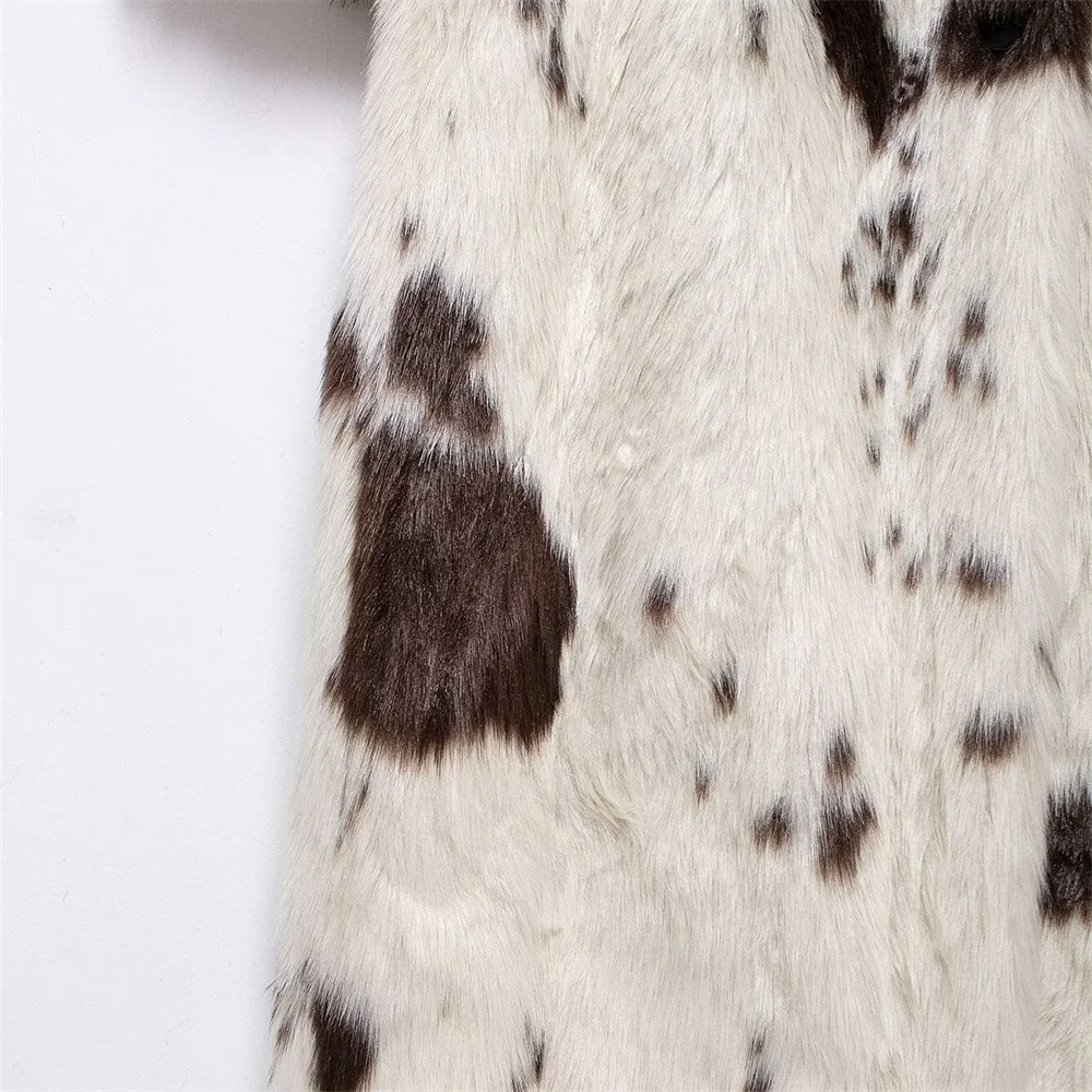 2024 RARF Women\'s Loose Collar Button Decoration Animal Pattern Printed Fur Effect Coat Autumn/Winter New Warm Top