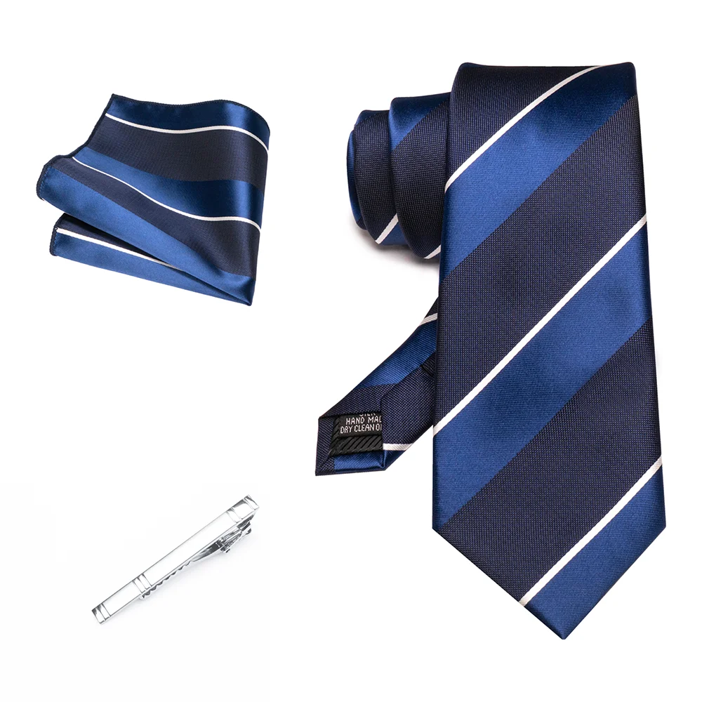 Herren Marineblau Krawatte Rot-Grün Gestreiftes Krawattenset Glänzender Clip Hochwertiges Einstecktuch für Business-Anzüge Anlässe Hochzeit Party – Detail 20