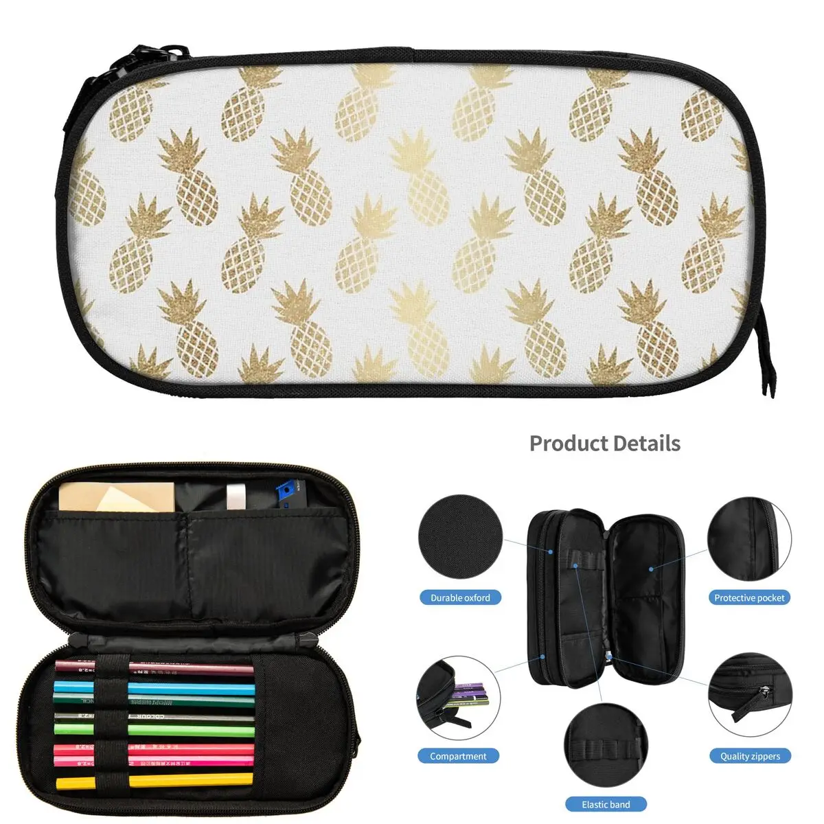 

Gold Pineapple Pattern Pencil Cases for Student School Pen Box Pencil Bag Big Capacity Pencil Pouch Storage Stationery Supplies