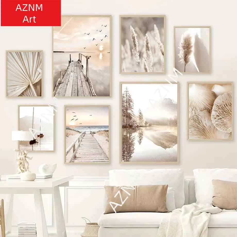 1PC Beige Gras Blume Schilf Poster See Strand Boot Landschaft Bilder Böhmen Leinwand Malerei Wand Kunstdruck Wohnzimmer wohnkultur
