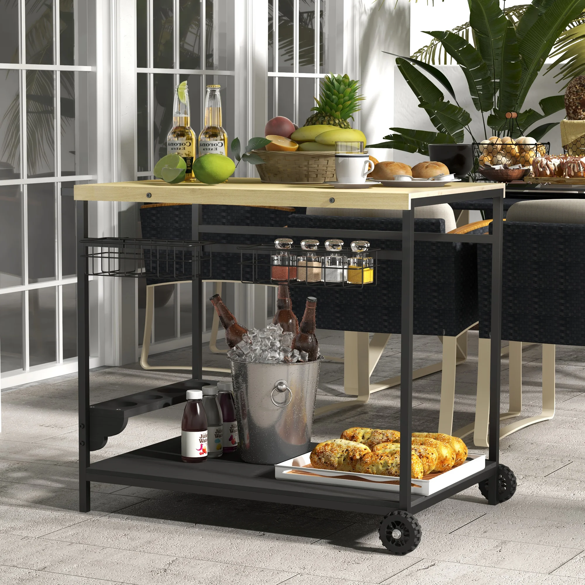 Chariot de service extérieur à 2 niveaux avec panier de rangement et porte-gobelets, chariot de barbecue en bois de sapin massif pour jardin, patio, cuisine, 97,5 L x 65 L x 81 H cm, capacité de la tablette 50 kg