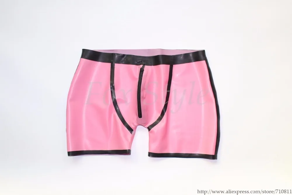 Latex rubber shorts with front zip in Metallic pink and black trim free shipping