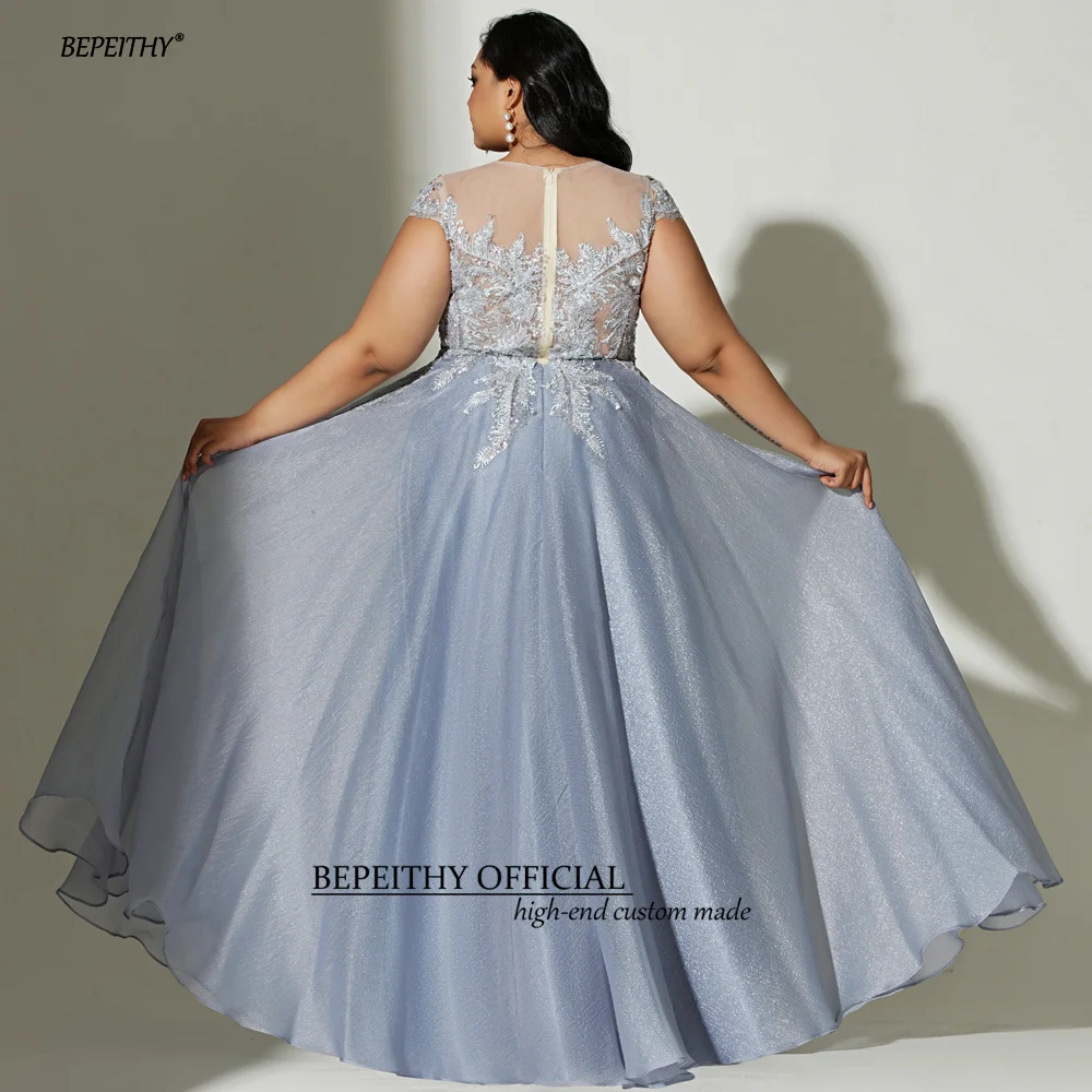 BEPEITHY Customized Blue Long Evening Dresses Cap Sleeves For Curve Women A Line Lace Plus Size Sleeveless Party Prom Gown 2023