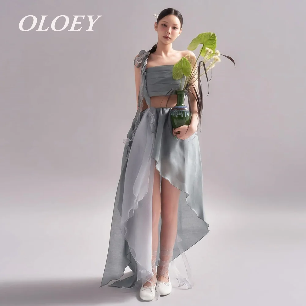 

OLOEY Unique Korea Wedding Photoshoot Dress Set Strapless Top A Line Hig-Low Skirt Prom Party Gowns Customized Reception Dresses