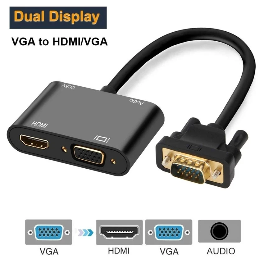 VGA to HDMI-compatible/VGA Adapter Extension 1 in 2 Out with 3.5mm Audio cables VGA to HD/VGA Female for PC Projector Multi-port