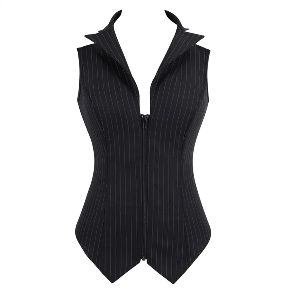 

Vintage Corset Top Fashion Black Striped Overbust Corset Office Lady Corselet Sexy Women Zip Bustier Strapless Tops Costume
