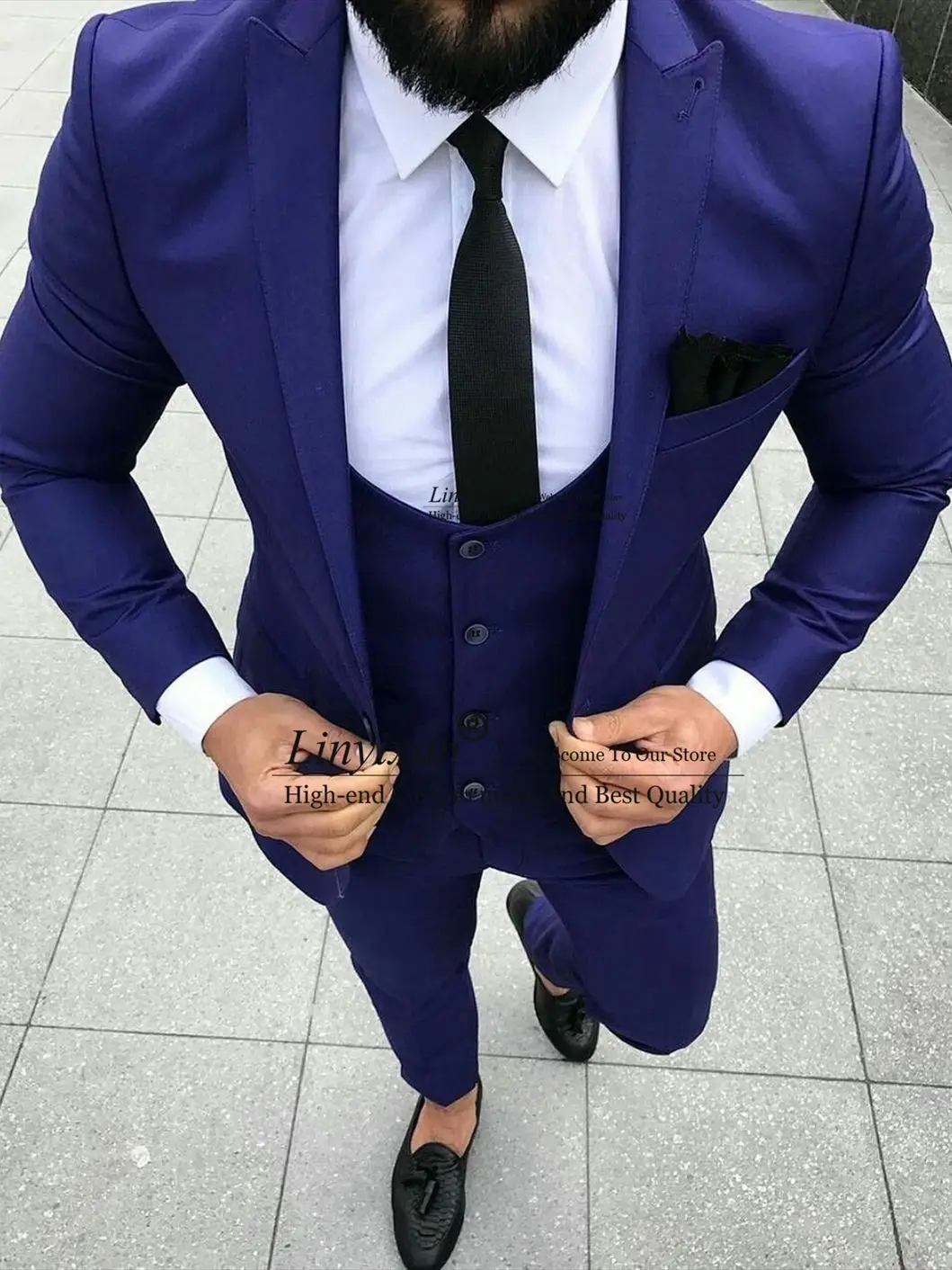 

Royal Blue Wedding Mens Suits Custom Slim Fit Groom Tuxedos Peak Lapel 3 Piece Sets Coat Vest Pants Male Blazer Terno Masuclino