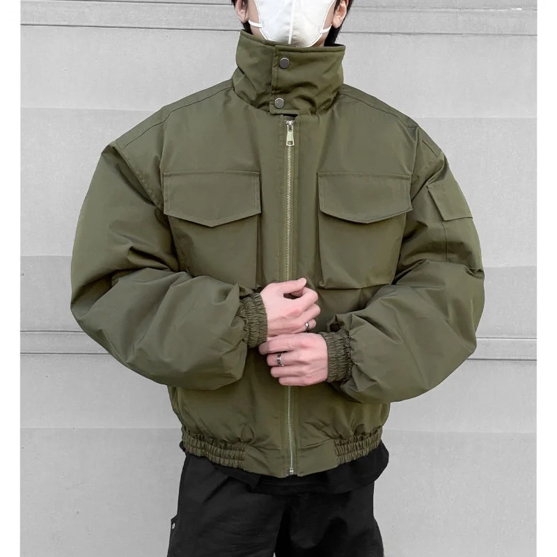 

Thickened Short Baseball Style Pilot Jacket Military Green Cotton Coat for Men Winter Warm Stand Collar Streetwear Workwear