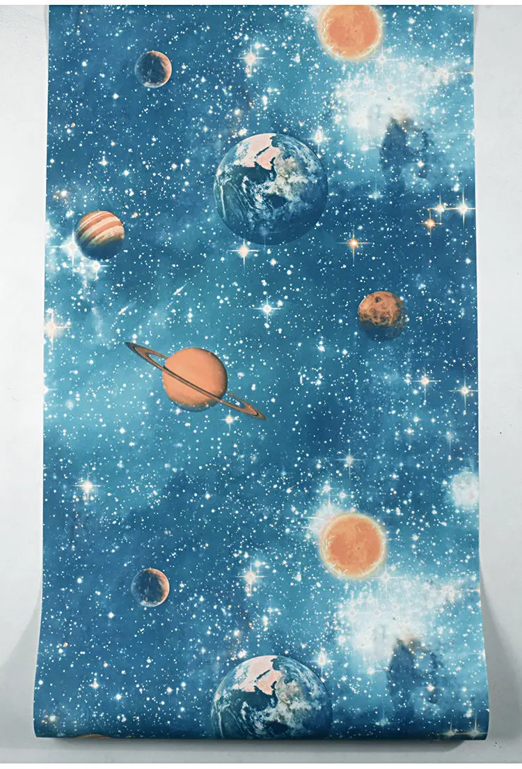 Cosmic Solar System Wallpaper Dark Blue Galaxy Stars Planet Pattern Wall Paper Mural for Nursery Kids Room Home Decoration