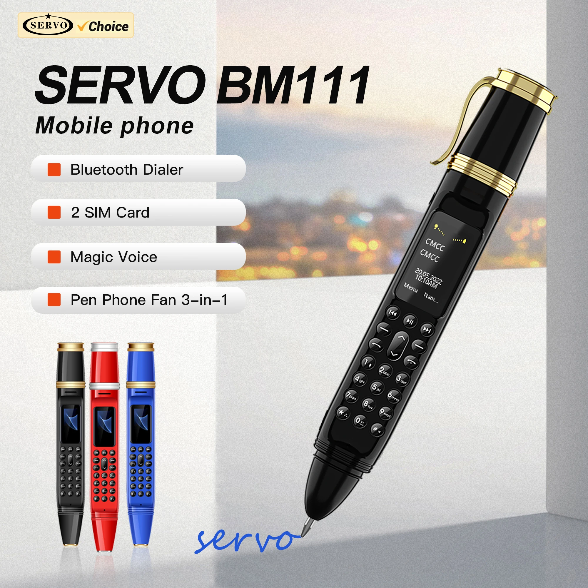 SERVO BM111 Pen-Style Mobile Phone 2G GSM Bluetooth Dial Magic Voice Rear Camera Dual SIM Standby Pen Fan 3-in-1 Small Cellphone