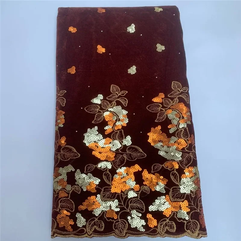

5 Yard Nigerian Flannel Velvet Sequins Lace Fabric High Quality African Heavy Beaded And Pearls For Woman Party Dresses PSJF121