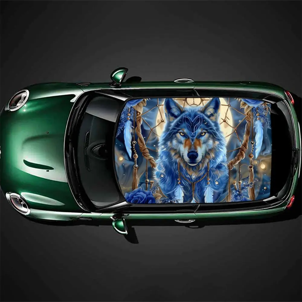 Fantasy combination of blue roses and wolves car vinyl wraps, car roof graphics, creative graphic design