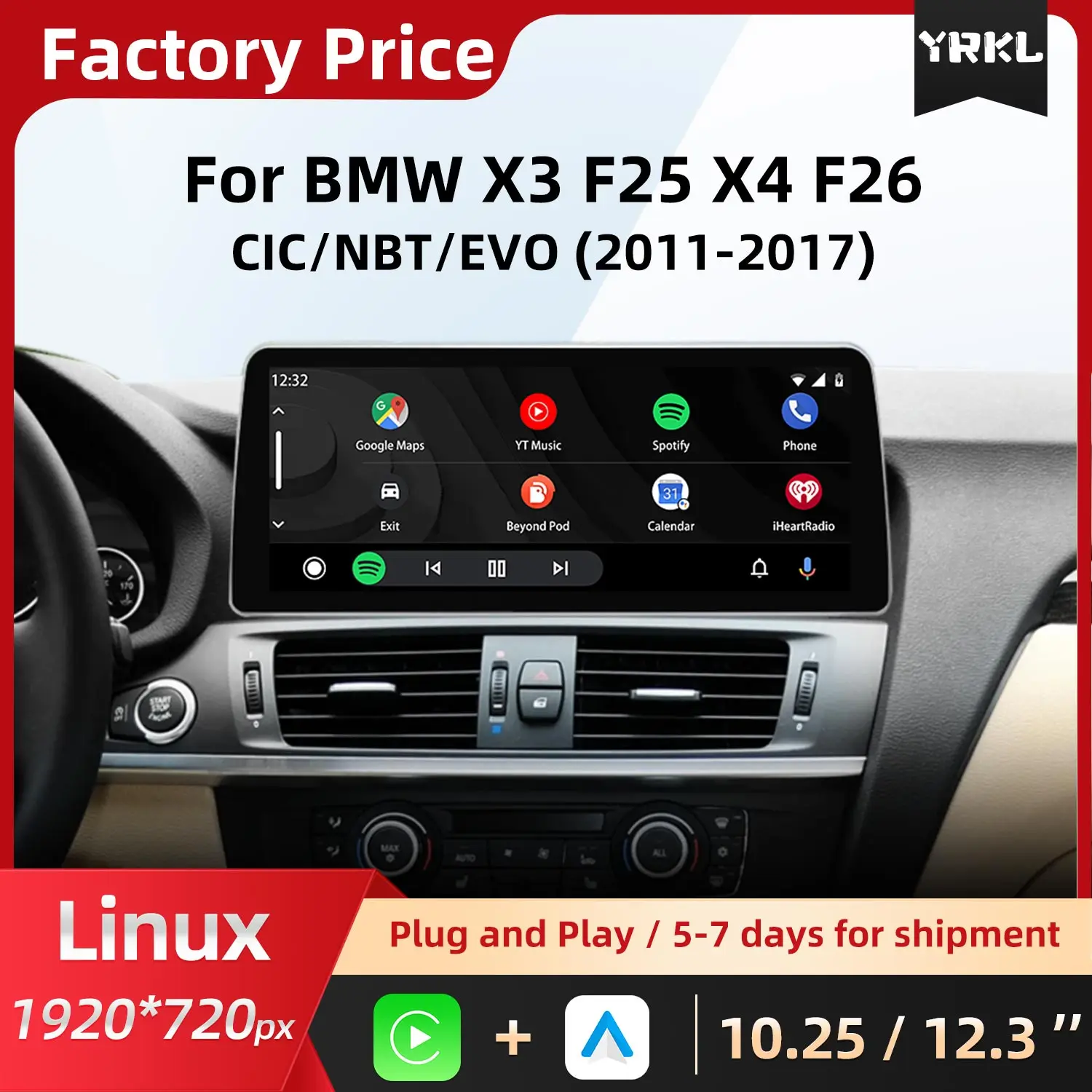 

Linux Wireless Carplay Android Auto For BMW X3 F25 X4 F26 Car Radio BT Video GPS Navigation Player Central Monitor Touch screen