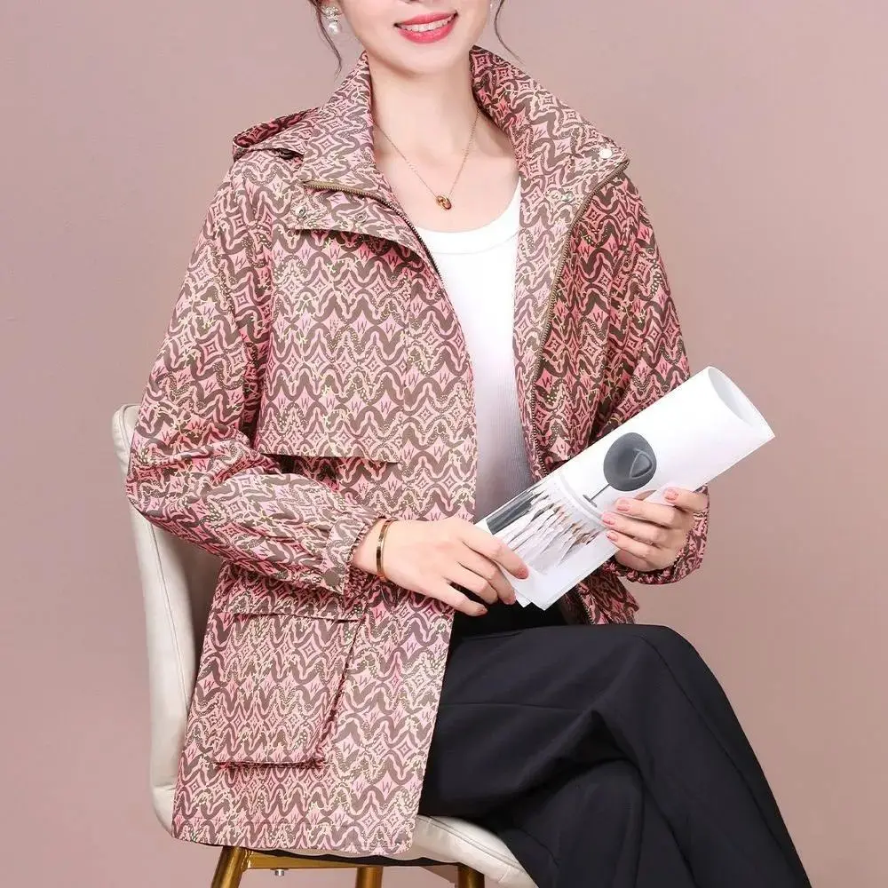 

2026 Spring Autumn New Middle-aged Mother Jacket Hooded Windbreaker Coat Women Rose Print Outwear Ladies Loose Long Outcoat Tops