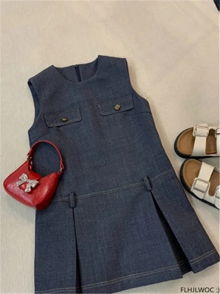 Abiti da camicia senza maniche nuovo Design donna ufficio Lady Girls All-Match Solid Ruffles Mini Blue Jeans Denim Dress