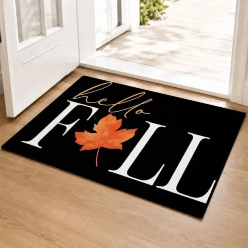 Entrance Welcome Mat Leopard Spotted Fruits Matrix Mascot Scarecrow Figurine Autumn Maple Leaves Border Rustic Timber Log Plank