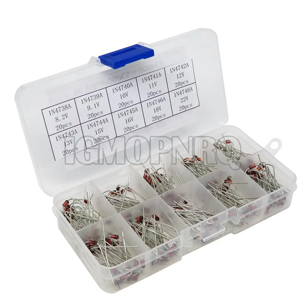 10Values*20PCS Zener Diode Assortment diy kit Electronic set pack 8.2V 9.1V 10V 11V 12V 13V 15V 16V 18V 22V 1N4738 1N4739 1N4740