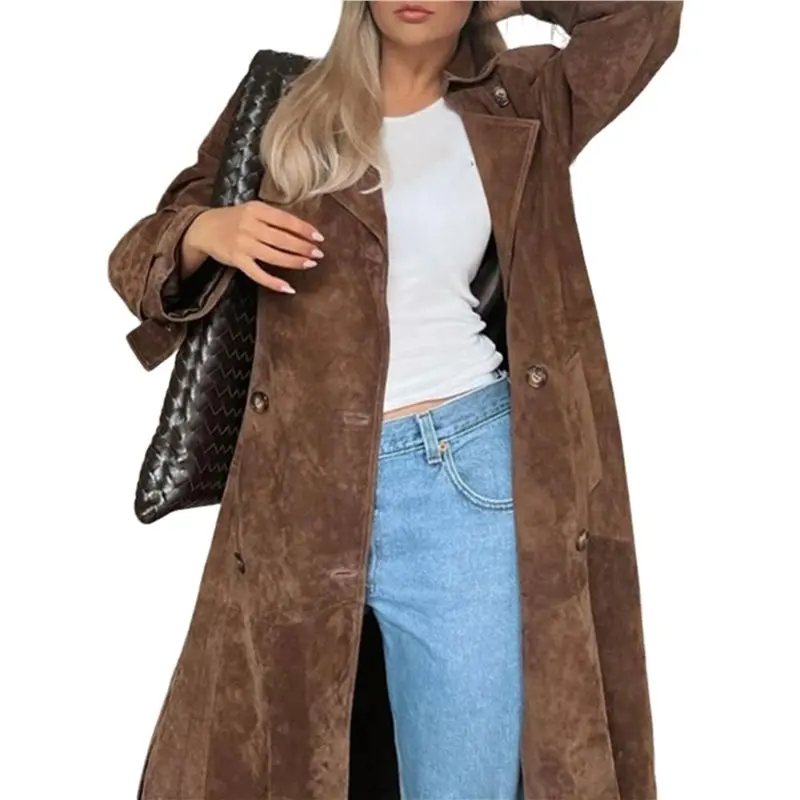 

AF90-Womens Faux Suede Long Trench Coat Notched Lapel Double Breasted Pea Coat Overcoat With Belt