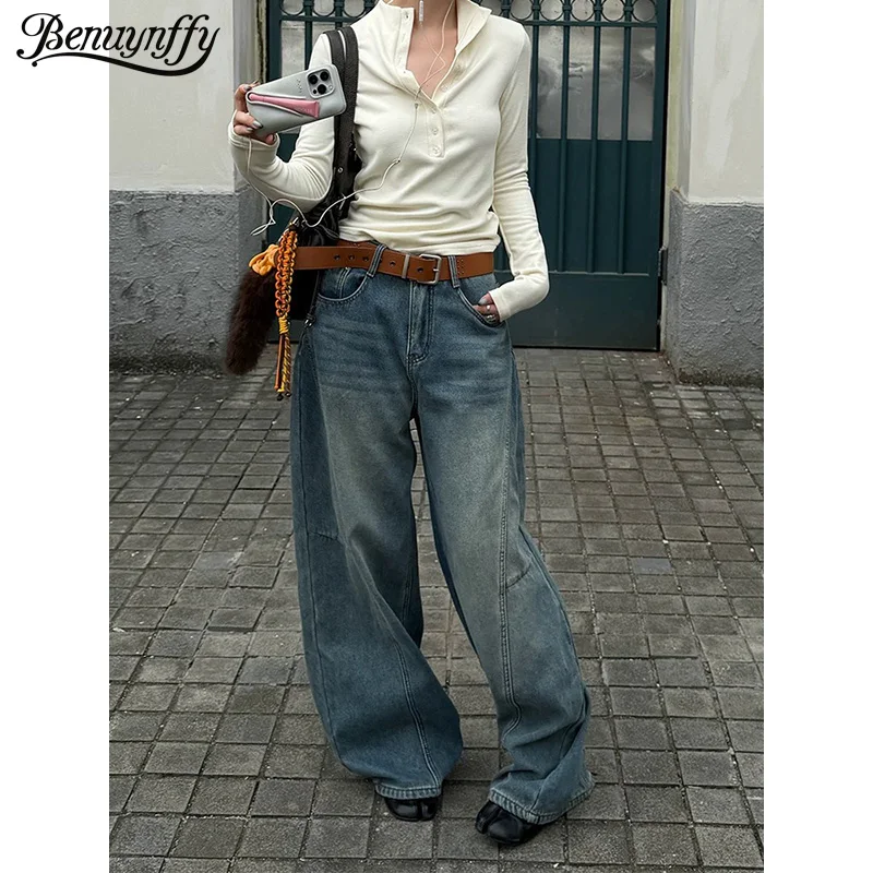 

Benuynffy Streetwear Wash Vintage Blue Baggy Jeans for Women 2025 Autumn Winter American Fashion Thick Fleece Wide Leg Pants