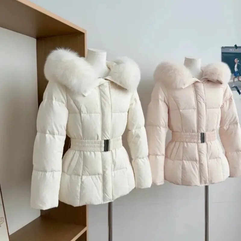 Winter Women's Faux Fur Collar Hooded Parkas Fashion Belt Thick Padded Cotton Jacket Women Slim Fit Solid Zipper Puffer Jackets 6