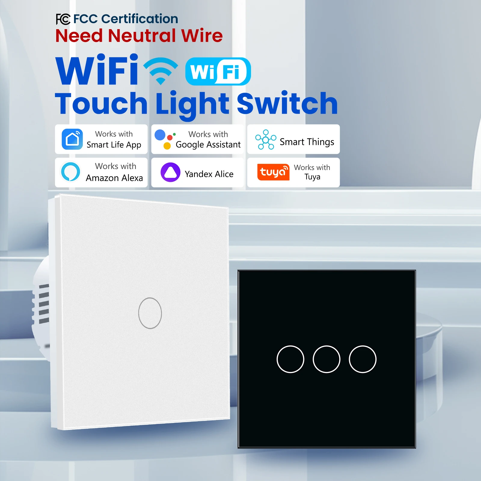LOUYSGEN Wifi Smart Switch 1Gang 2Gang 3Gang Wall Light Switch Neutral Wire Glass Tuya APP Compatible Smart Life Alexa