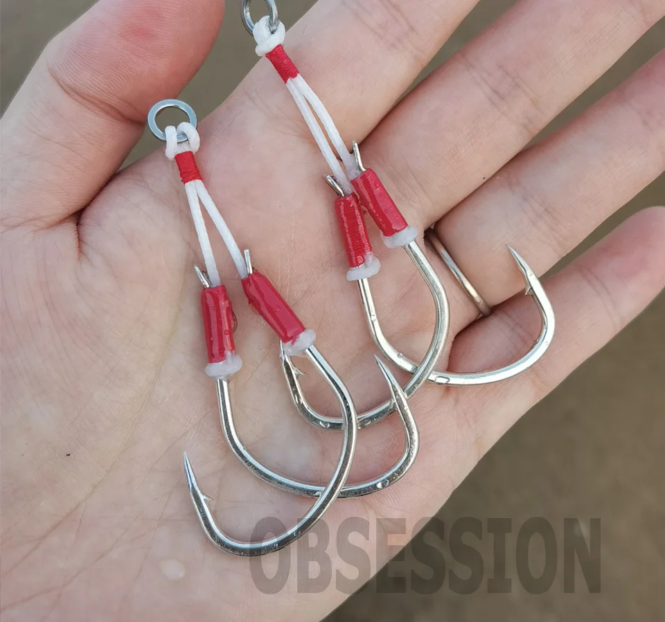 OBSESSION 10pairs 1/0 2/0 3/0 4/0 Resin Thread Strength Slow Jigging Barbed Assist Hook Pike Sea Fishing Hook Pesca Accessories