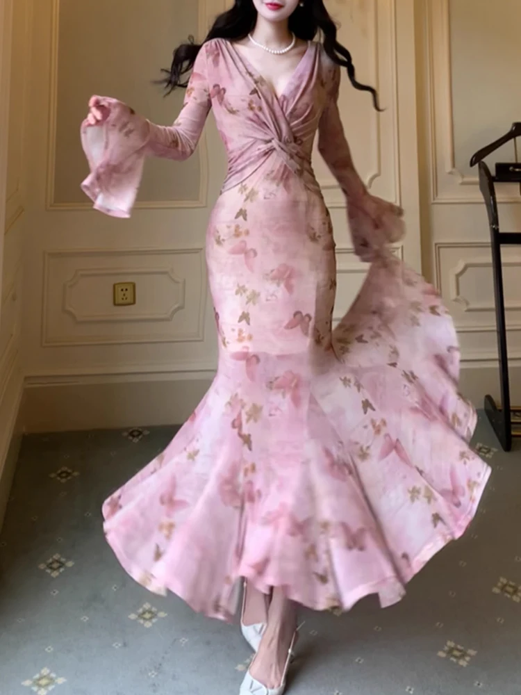 Elegant Mermaid Flare Sleeve Long Dresses 2-piece Set Vintage Sexy Pink Print Evening Club Robe Women Spring Summer Vestidos