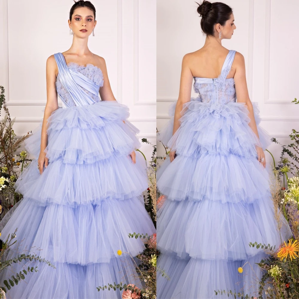 Customized Graceful One Shoulder Evening Dress Exquisite Tulle Prom Dresses Temperament Sweep Train Special Occasion Gowns