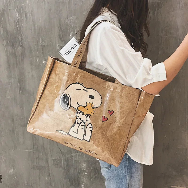 Borsa da donna Snoopy simpatico cartone animato in borsa a tracolla in carta kraft trasparente borsa per la spesa di grande capacità