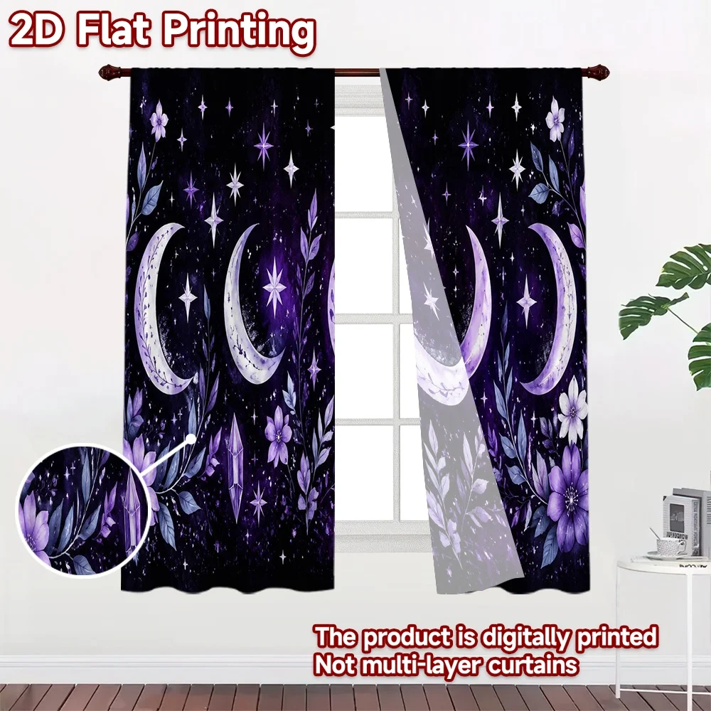 2D FLAT PRINTING 2pcs Curtains (Without Rod) Celestial Moon and Florals Pattern Chic Curtains Polyester Curtains Valentine
