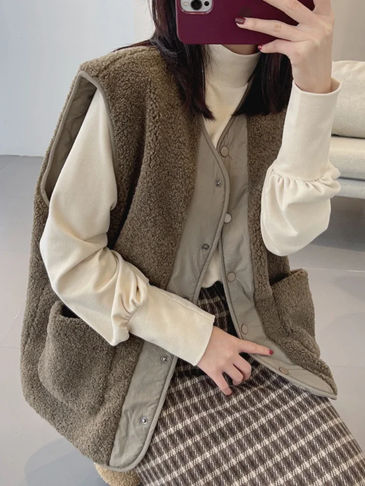 Cotton Vest Women\'s Winter 2024 New V-neck Warm Jacket Medium Long Casual Cotton Coat Sleeveless Plush Single Breasted Coat