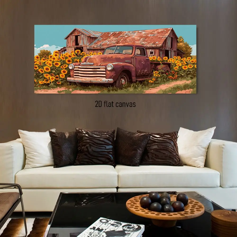 1pcs Retro Rural Style Decorative Painting American Nostalgia Truck Sunflower Barn Canvas Painting Living Room Bedroom Wall Deco