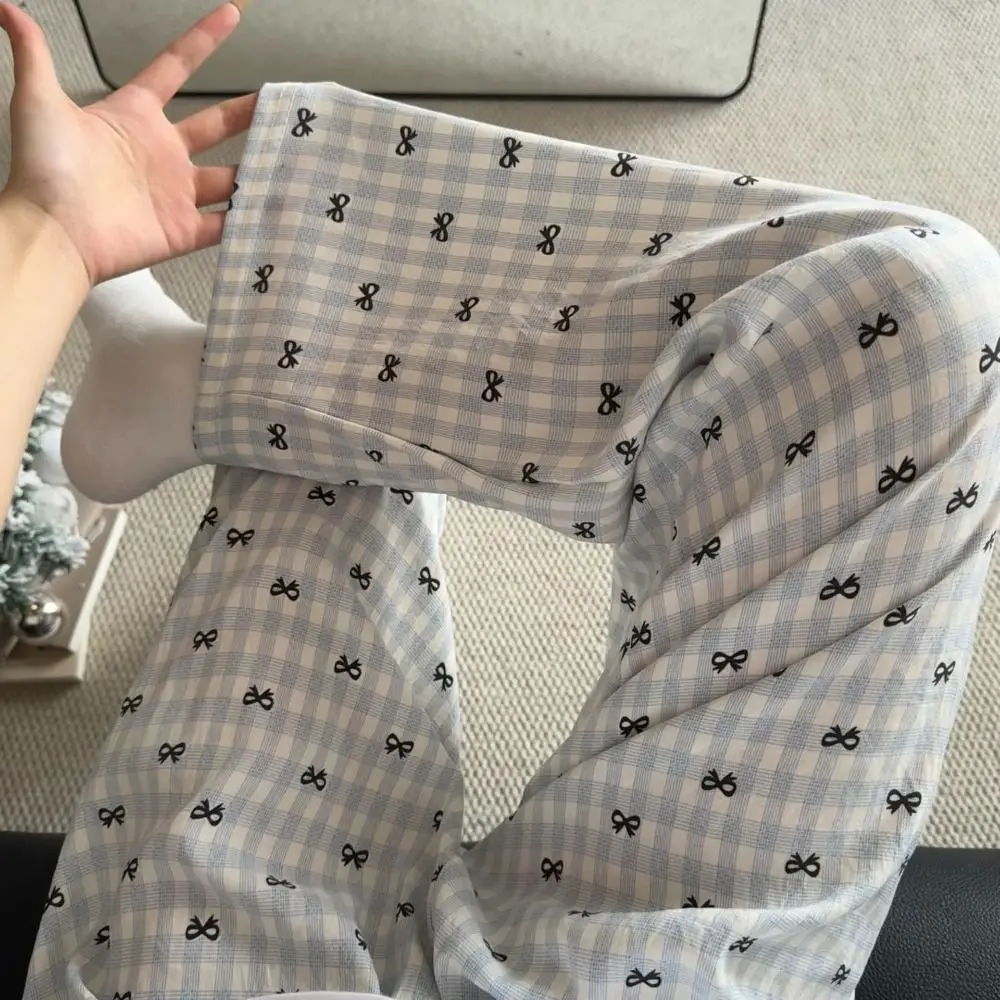 

Elastic Waist Stripe Plaid Bowknot Pajama Pants Sweet Bow Sleepwear Pants Women Thin Homewear Grid Long Pants Sleepwear