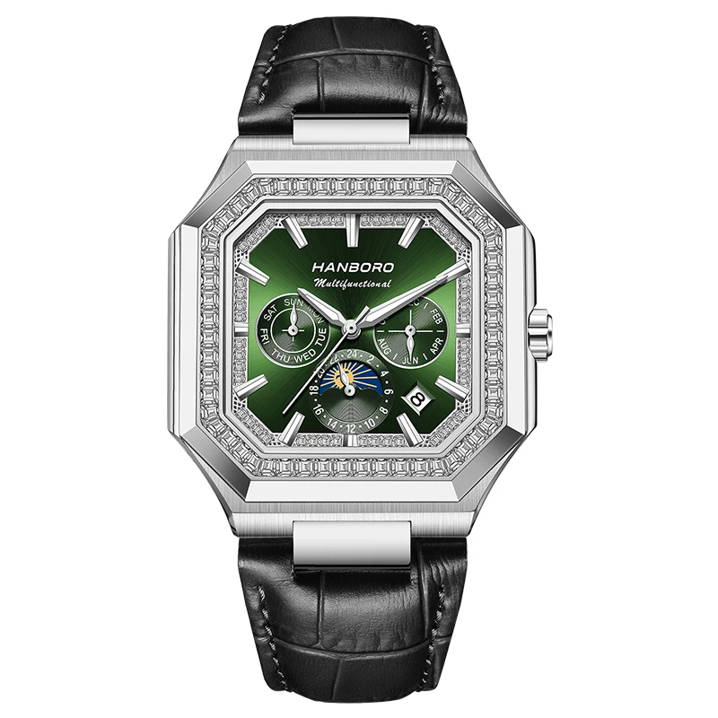 

HANBORO Мужские автоматические часы 38 мм квадратные механические наручные часы 5ATM светящийся сапфир месяц неделя дата Шанхай JHS08